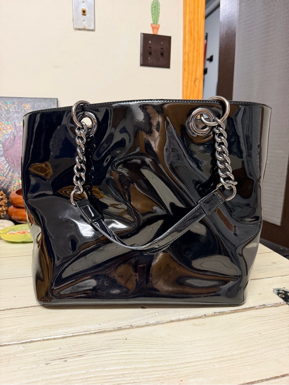 DKNY Black High-Gloss Patent PVC Chain Handle Tote Shoulder Bag